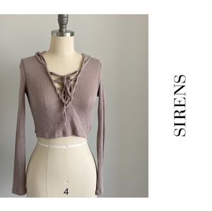 Sirens Cropped Mauve Lace Up Top